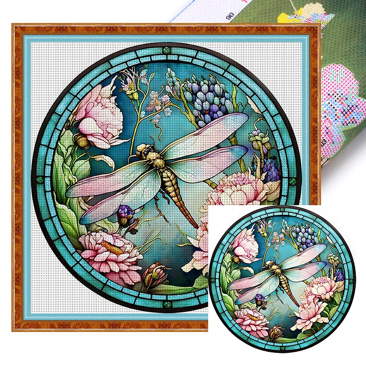 【Huacan Brand】Glass Art- Dragonfly 18CT Stamped Cross Stitch 20*20CM