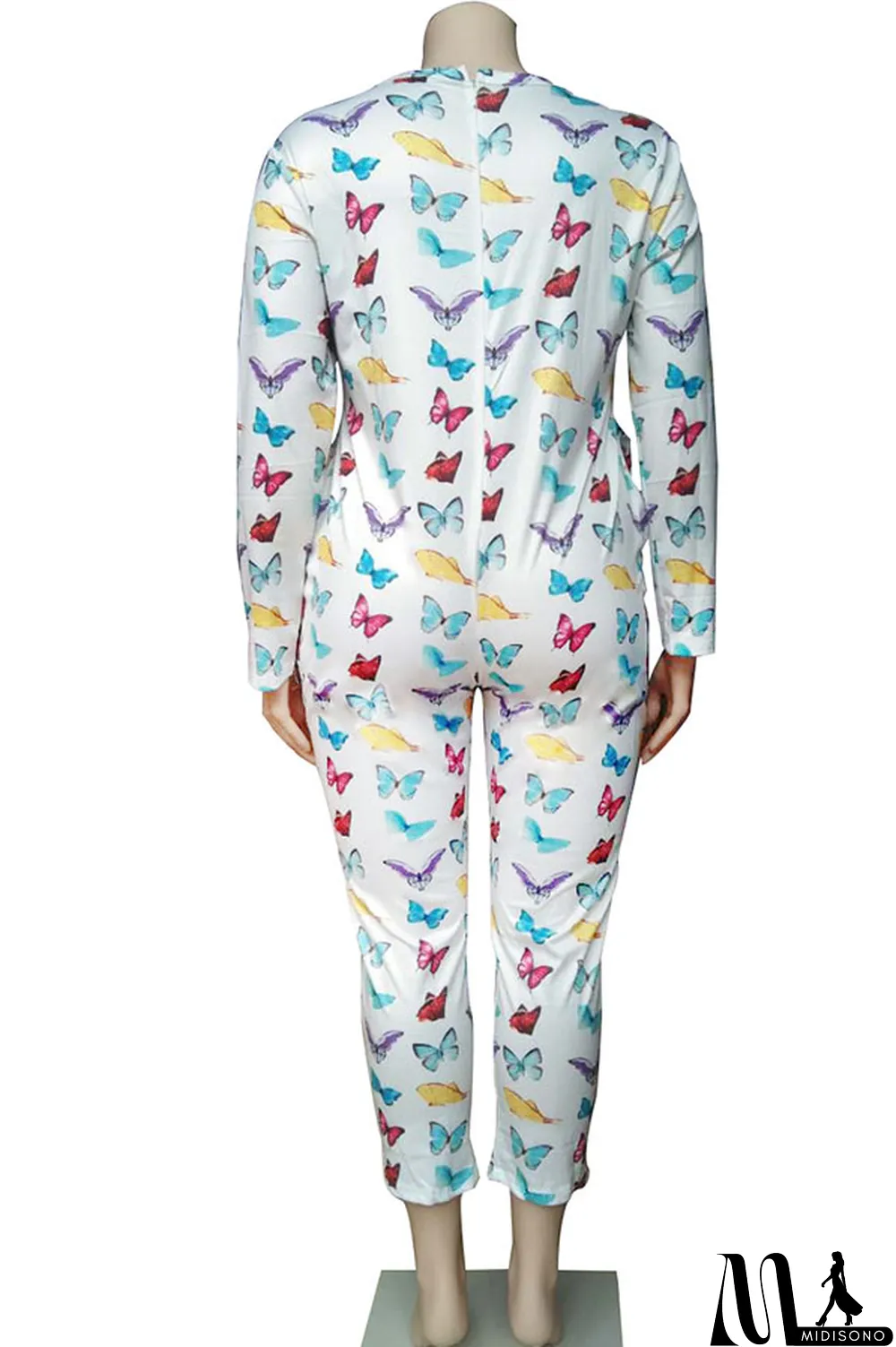 MidiSono - White Polyester Fashion Sexy O Neck Print Button Plus Size