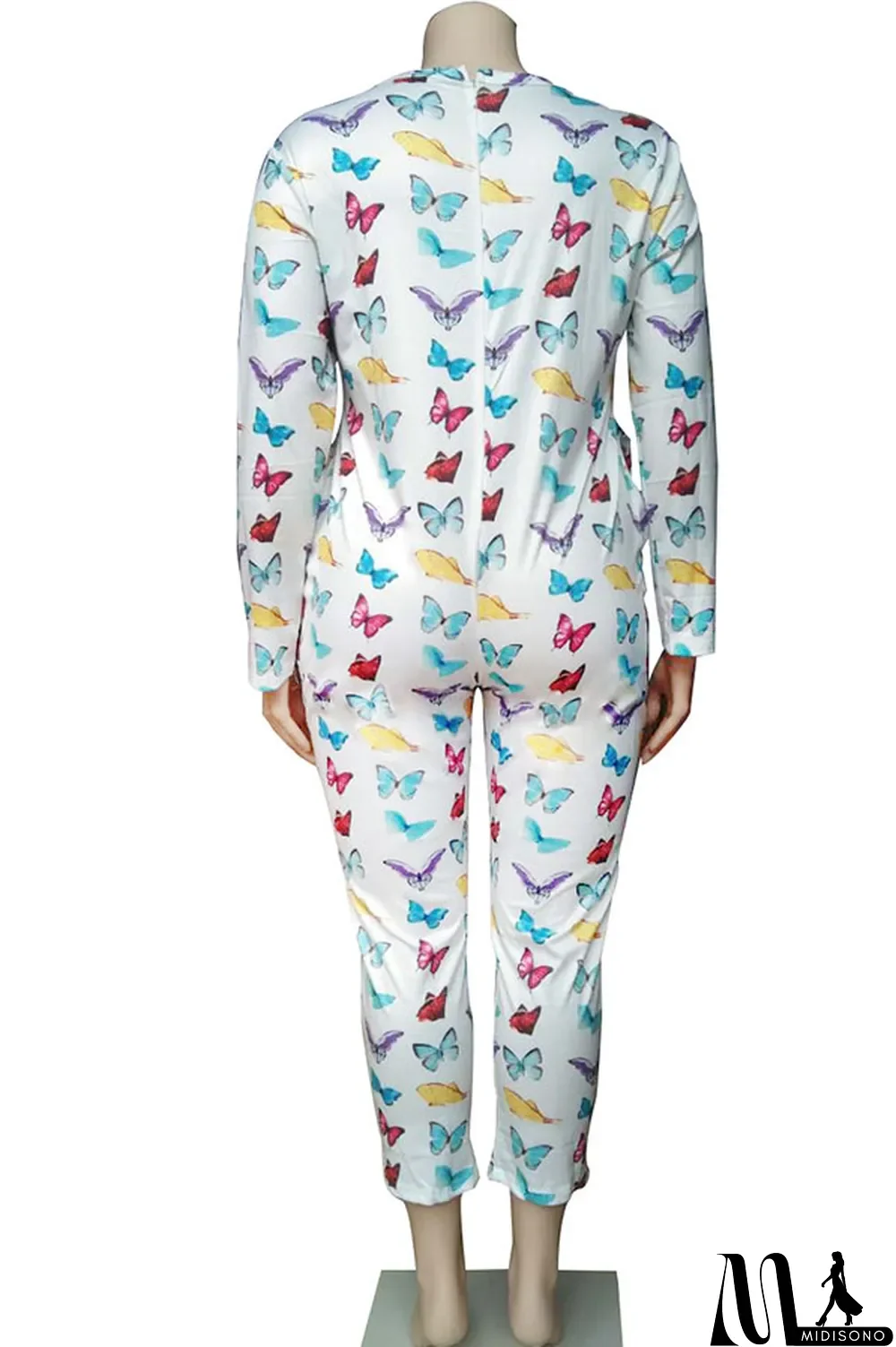 MidiSono - White Polyester Fashion Sexy O Neck Print Button Plus Size