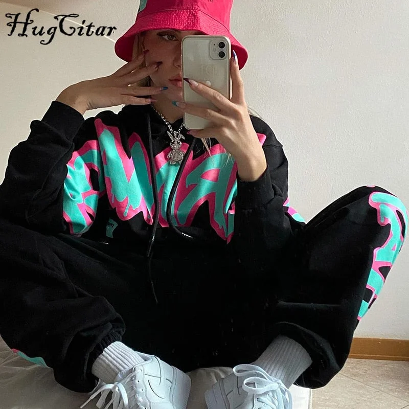 Hugcitar 2021 Letter Print Hooded Drawstring Sweatshirt Sweatpants 2 Piece Set Autumn Winter Women Fashion Streetwear Outfits