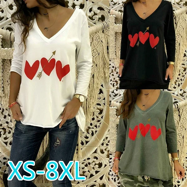 3 Color Women's Fashion Heart Print Long Sleeve V-neck T-Shirts Cotton Tee Cute Female Blouse Casual Tops XS-8XL