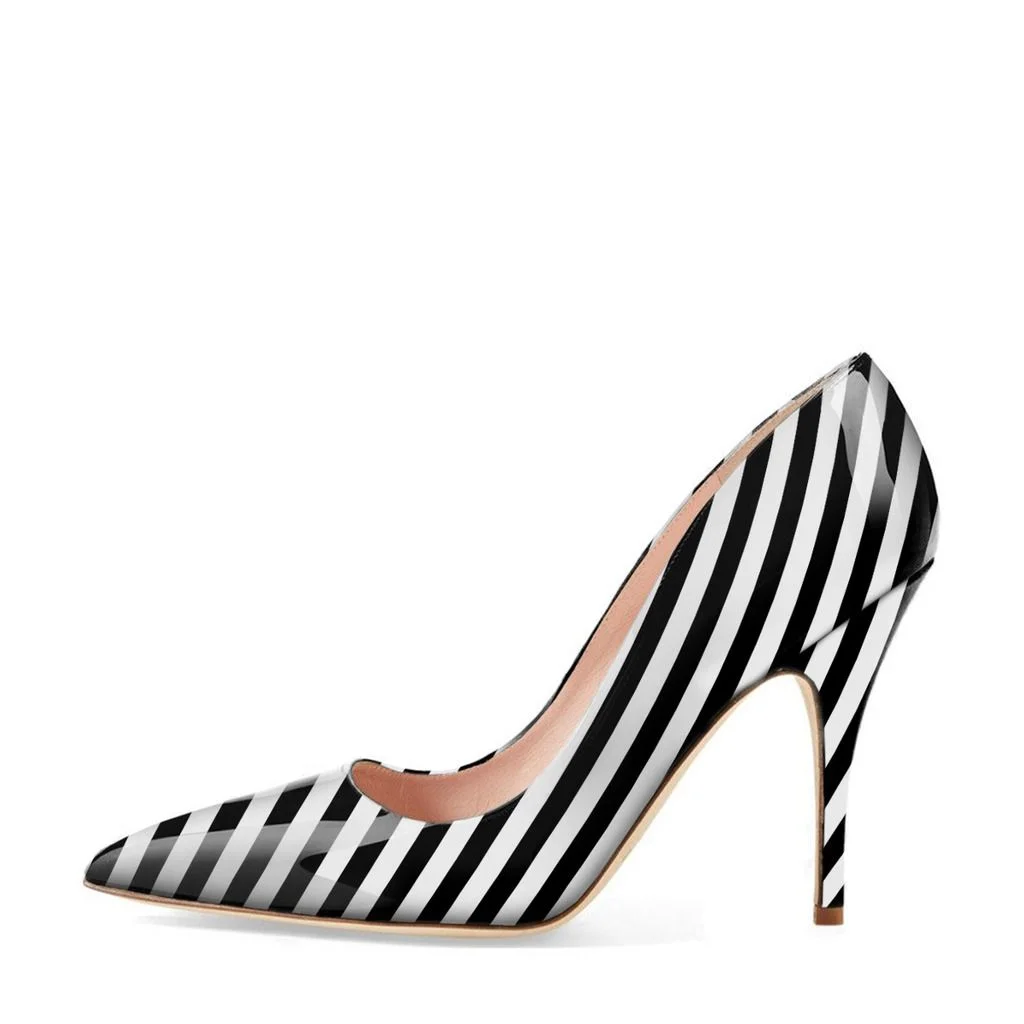 Black & White Stripes Patent Leather Pointed Stiletto Heel Pumps 