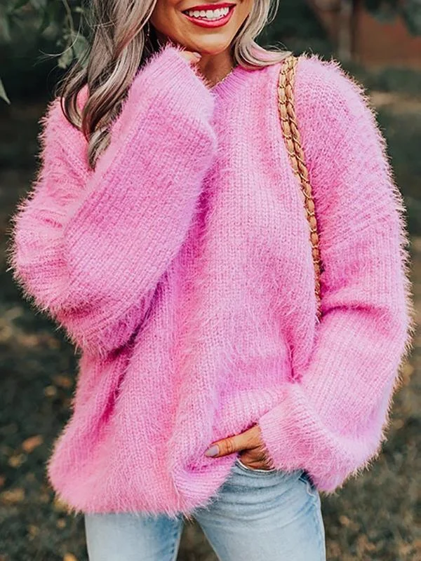 Mayoulove Pure color warm round neck sweater-Mayoulove