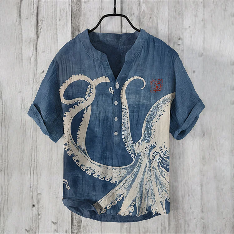 Japanese Art Octopus Graphic Linen V-Neck Shirt