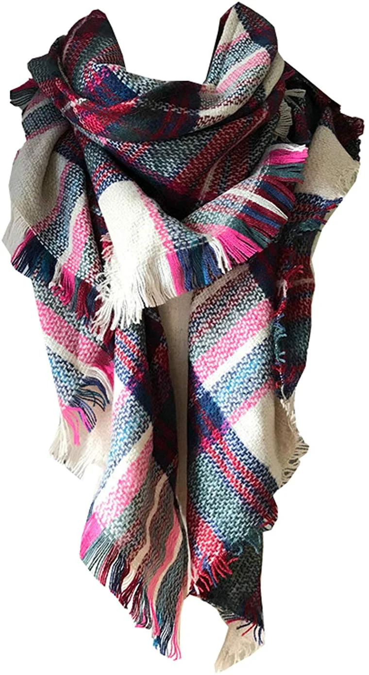 Womens Warm Long Shawl Wraps Large Scarves Knit Cashmere Feel Plaid Triangle Scarf