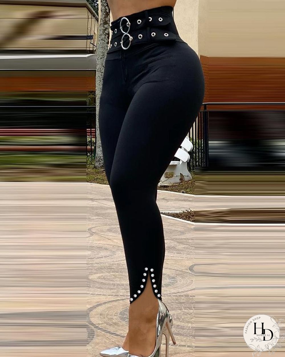 Beaded Eyelet O-Ring Slit Skinny Pants P10182