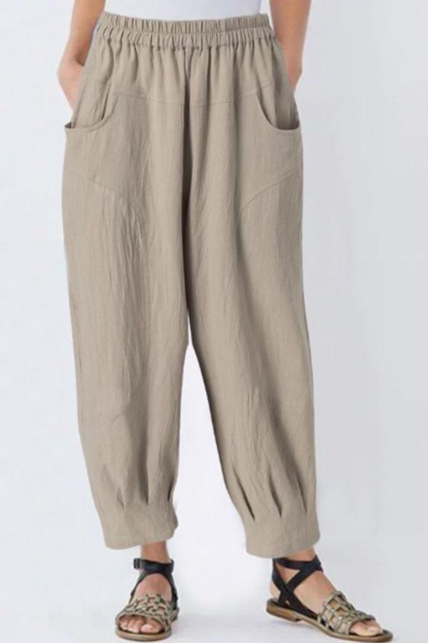 Rotimia Casual Solid Paneled Side Pockets Elastic Folds Harem Pants
