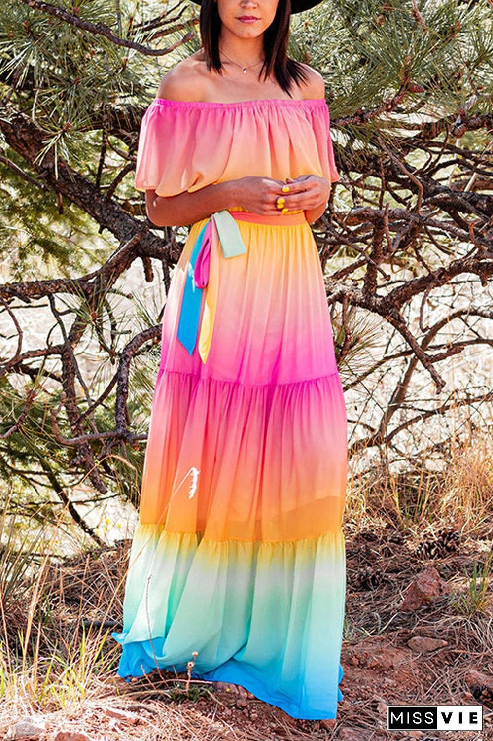 Gradient Off Shoulder Belted Maxi Dress