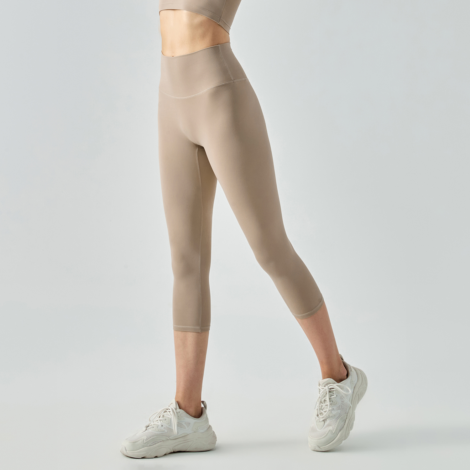 Shop no camel toe high waist buttery soft brushed stretchy yoga capri leggings online on Hergymclothing Khaki