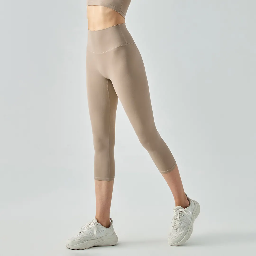 Shop no camel toe high waist buttery soft brushed stretchy yoga capri leggings online on Hergymclothing Khaki