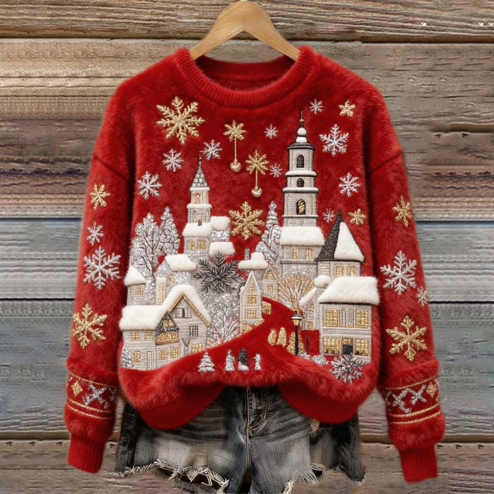 Christmas Snow Scene Embroidery Women's Cozy Plush Sweater wearshes