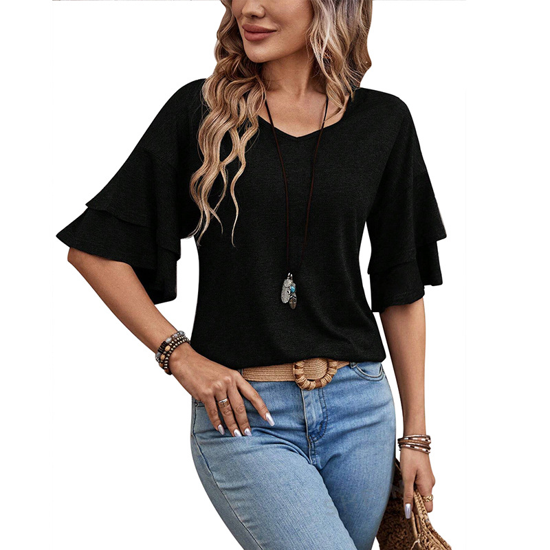 Mature Women's Summer Solid Color And V-neck Loose T-shirt Tops