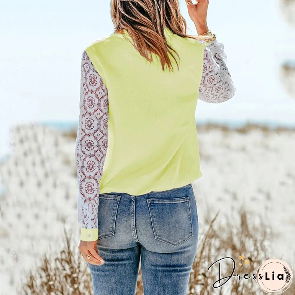 Lace Crochet Sleeve Splice Button Collared Shirt