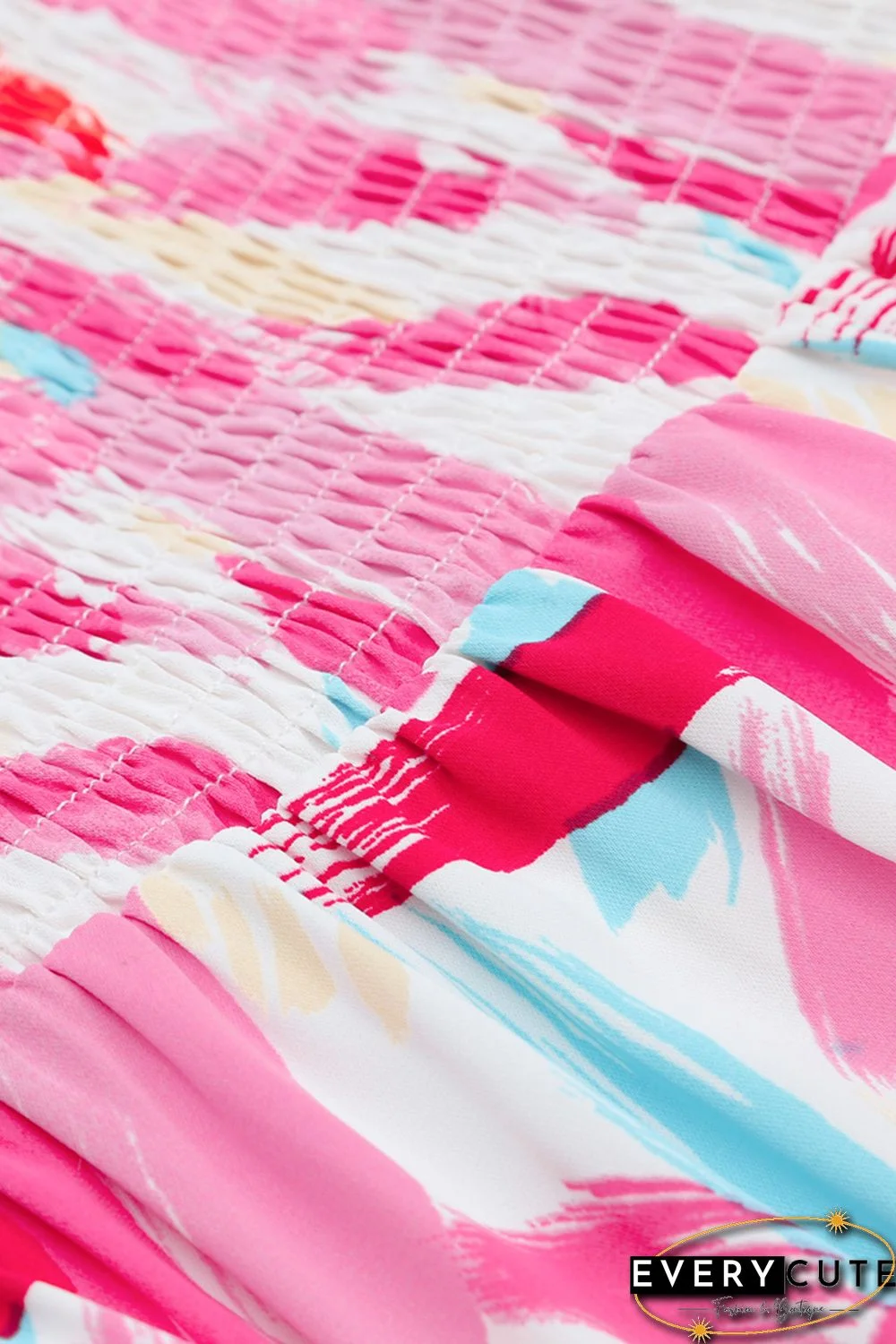 Pink Brush Stroke Printed Smocked Ruffle Tiered Dress