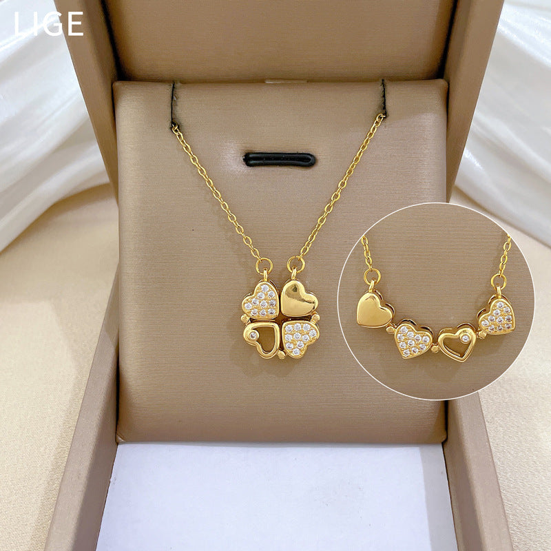 Women'S Necklace Two-Piece Heart-To-Heart Opening And Closing Four-Leaf Flower Full Diamond All-Match Clavicle Chain Titanium Steel