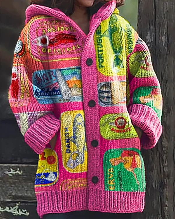 Retro Fish Can Print Hooded Cardigan