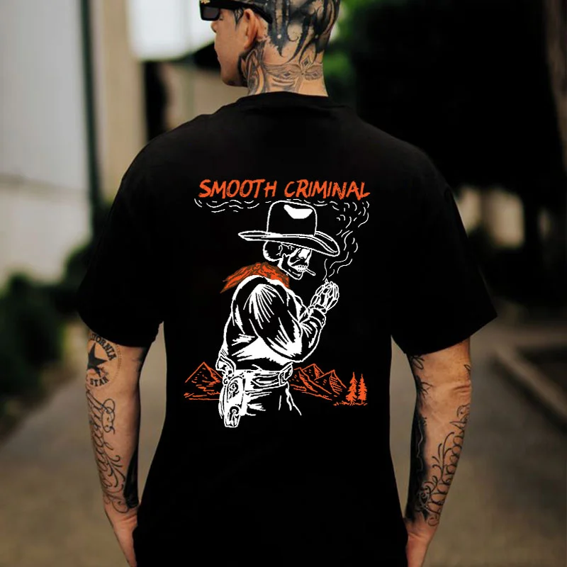 SMOOTH CRIMINAL Cowboy Skull Casual Graphic White Print T-shirt