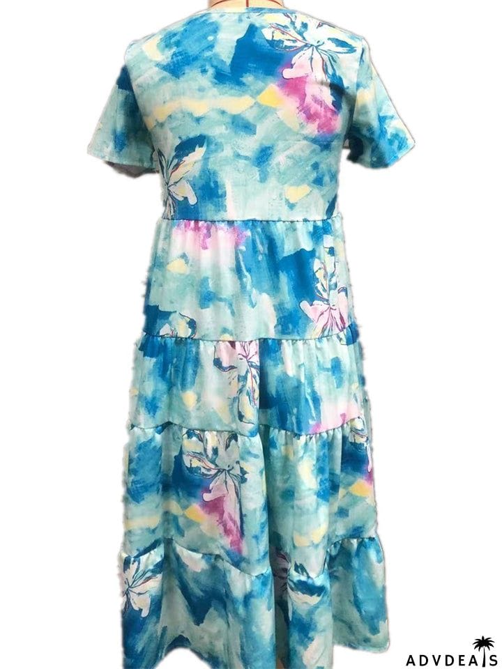 Elegant Printed Short Sleeve Round Neck High Waist Dress