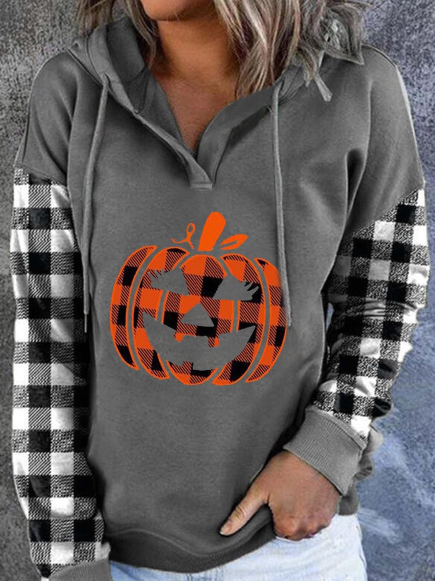 Women's Halloween Pumpkin Head Plaid Printing Patchwork Checked Long Sleeves Half Open Buttons Cotton Blends Hooded Sweatshirts