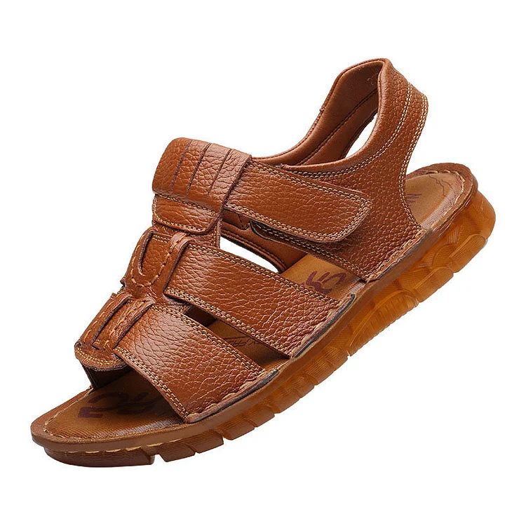 Men Leather Sandals Beach Outdoor Hook And Loop Shoes