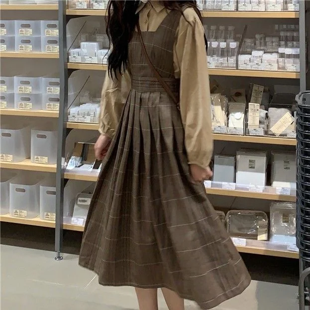 Puff-Sleeve Blouse / Plaid Overall Dress YP1932