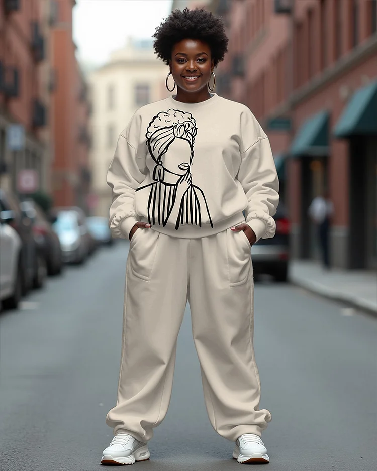 Line Portrait Print Long-Sleeved Sweatshirt and Solid Color Casual Pants Set
