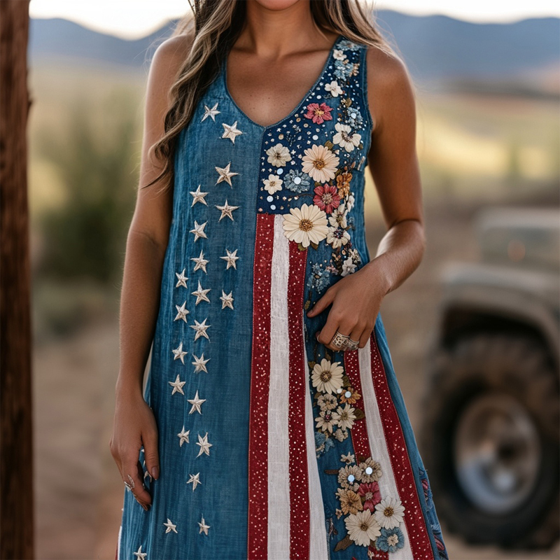 Comstylish American Flag Inspired Flowers Embroidered Linen Maxi Dress
