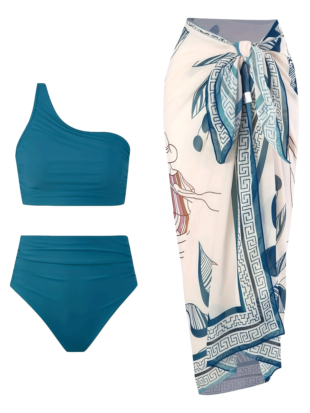 Solid Color 3pcs Swimsuit For Women, Highlighting Women's Sexy Figure, One-Shoulder Design, High-Stretch Bikini, Detachable Breast Pad, With Beach Smock | IFYHOME