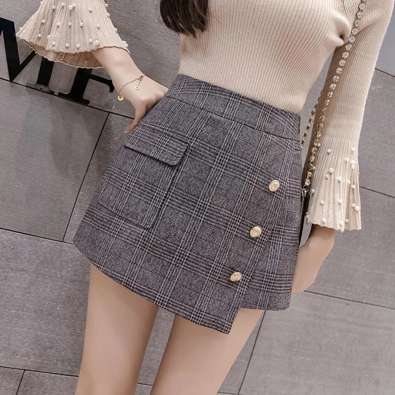 High Quality New Autumn Pocket Woolen Blend Winter Shorts Women Fashion Button Plaid Office Work Skirt Retro Women Mini Skirts