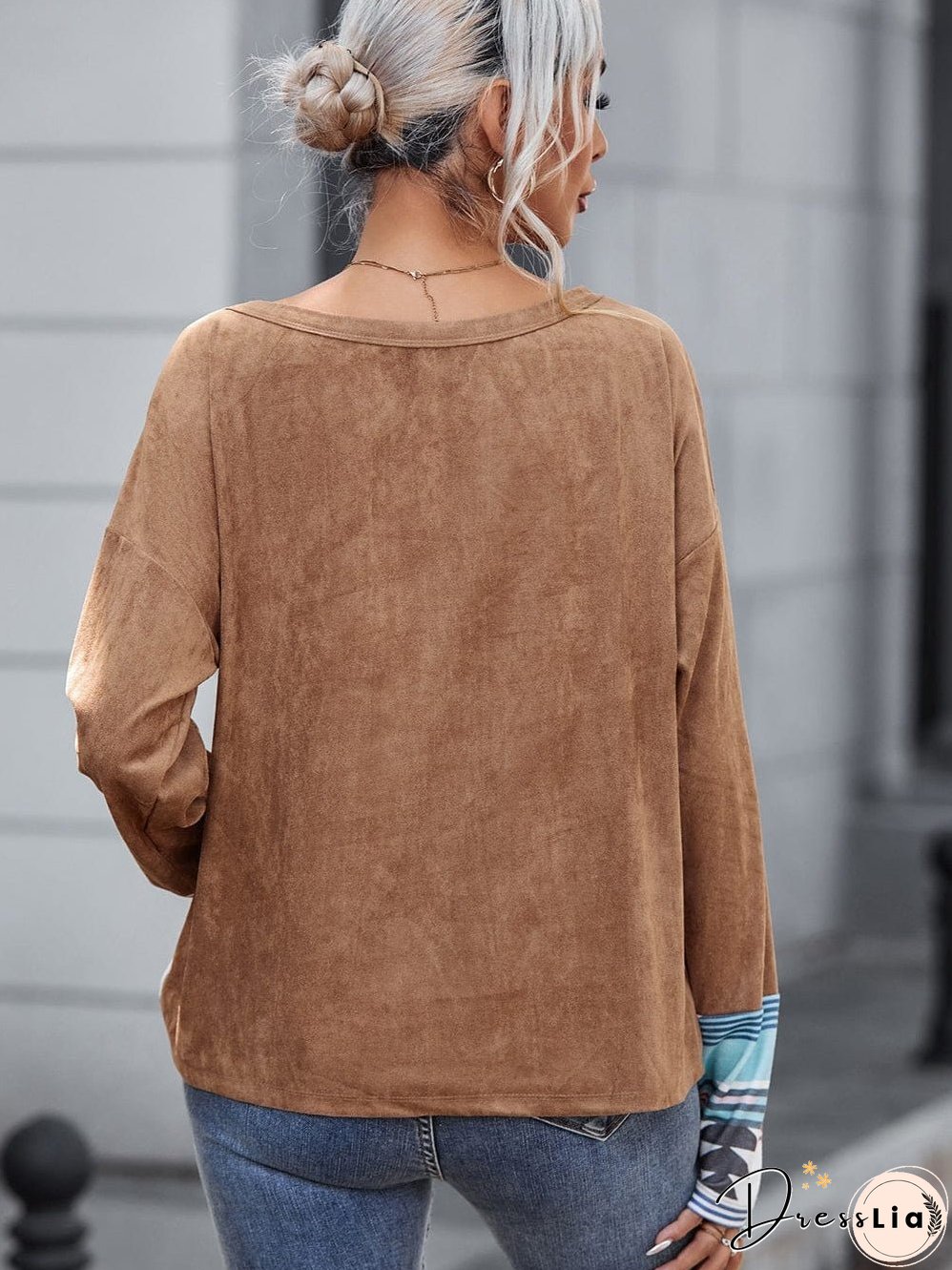 Cozy Brown Aztec Print Patched Pocket Long Sleeve Shirt