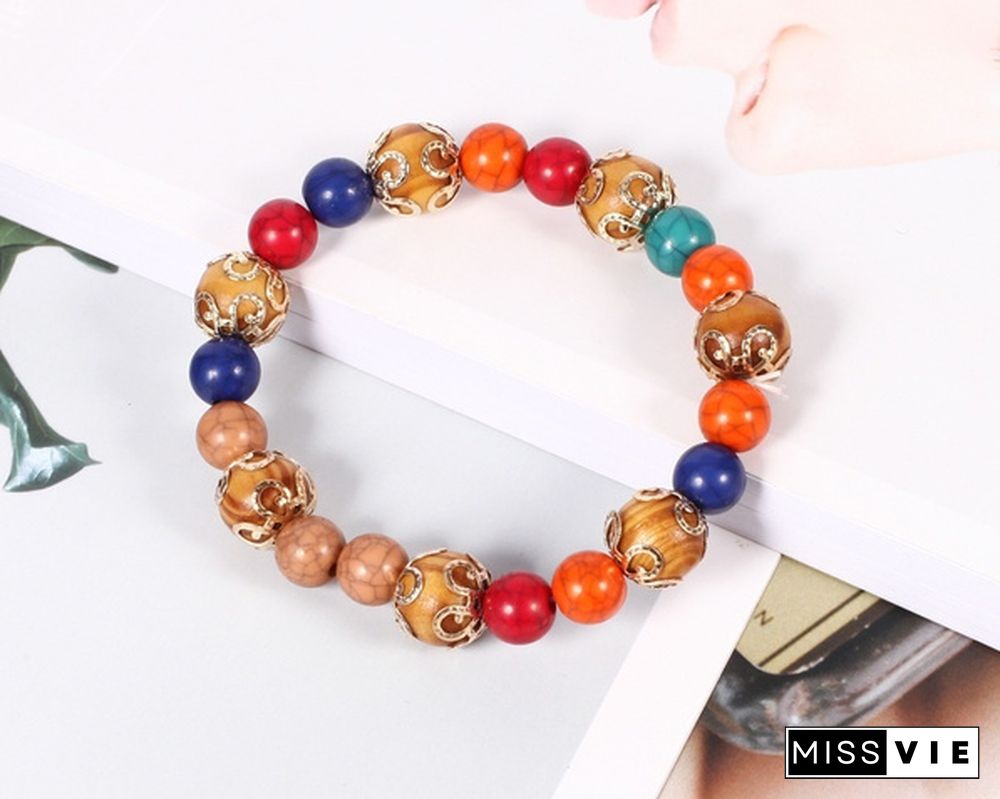 4pcs/set Wooden Beads Bracelet Multicolor Women Boho Bangles With Hollow-out Pendant