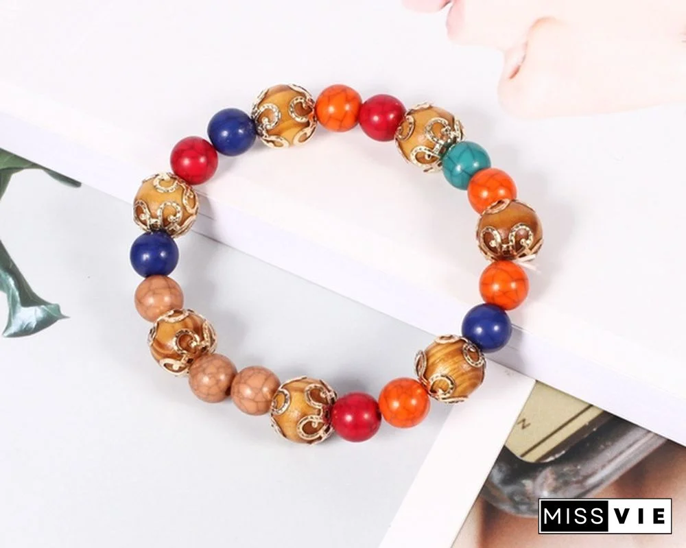 4pcs/set Wooden Beads Bracelet Multicolor Women Boho Bangles With Hollow-out Pendant