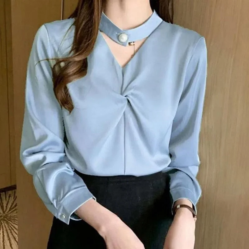 Satin Beading Halter V-Neck Woman Blouses 2022 Spring New Elegant Fashion Office Lady Long Sleeve Loose Commuter Shirts Female