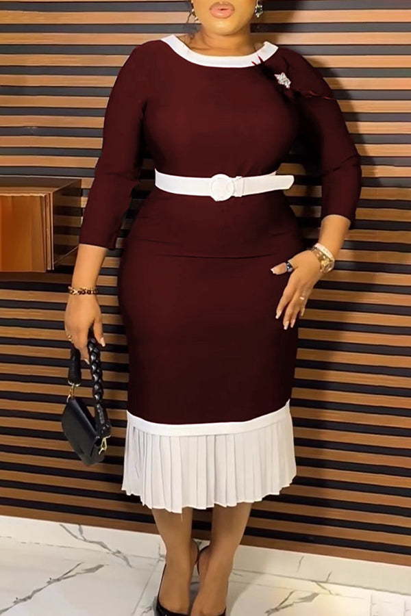 Contrast-Sleeve Pleated Midi Dress