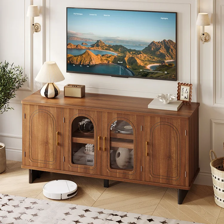 Bestier Mid-Century Modern TV Stand for 65 inch TVs,TV Console Table with Glass Doors,TV Stand with Storage for Living Room