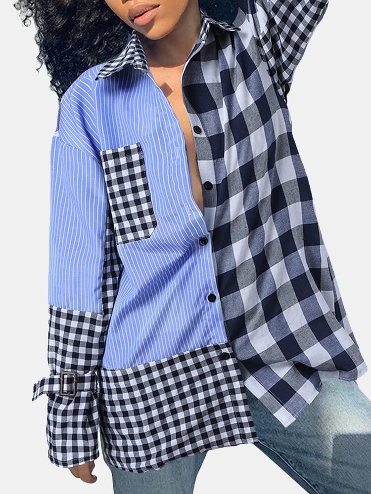 Women Plaid Patchwork Button Pocket Long Sleeve Casual Blouse P1783568