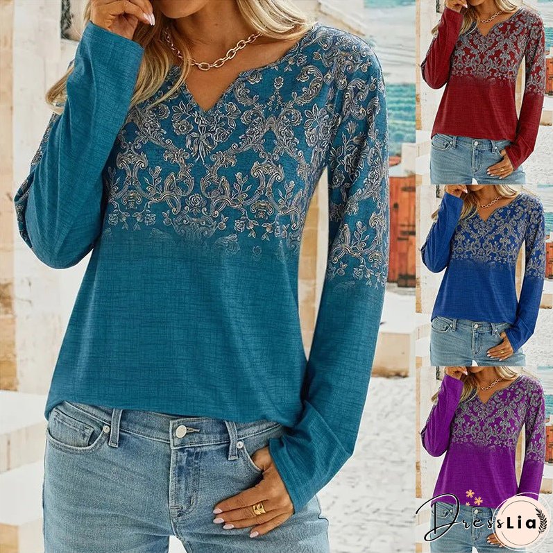 New Fashion Casual V-neck Ethnic Style Long Sleeve T-shirt