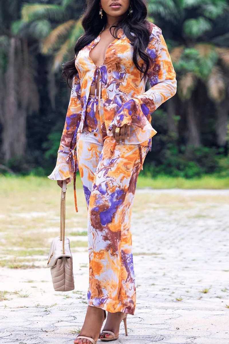 Orange Casual Print Patchwork Frenulum Asymmetrical Collar Three Quarter Two Pieces | EGEMISS