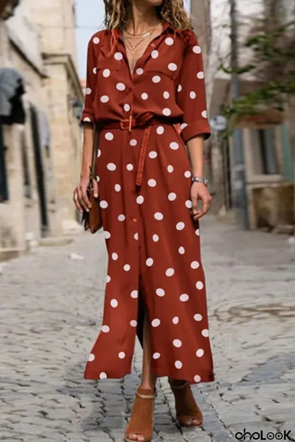 Casual Fashion Polka Dot Print Lapel Long Sleeve Maxi Dress