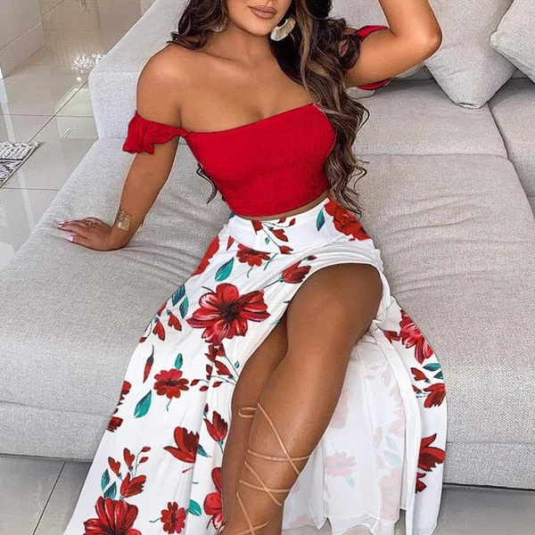 Women Fashion Dress Sets Beach Floral Print Skirt Suit Sexy Strapless Off Shoulder Ruffles Party Dress Ladies Two Piece Set