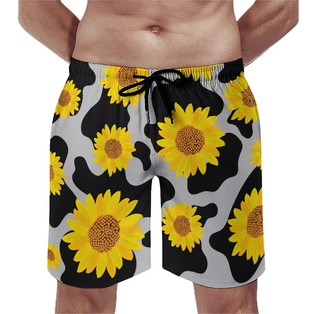 2Yk Sunflower Cow Print Cute Men's Swim Trunks Summer Board Shorts Quick Dry Beach Short with Pockets