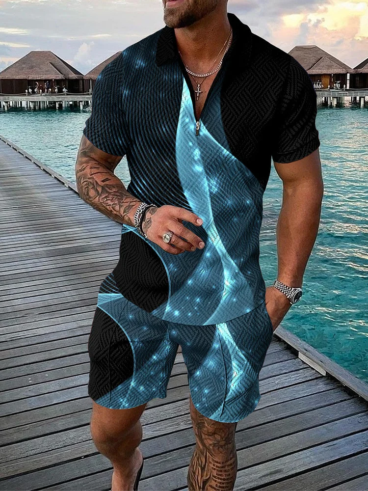 Men's Tie-Dye Printed  Zip Polo Shirt and Shorts Two-Piece Suits