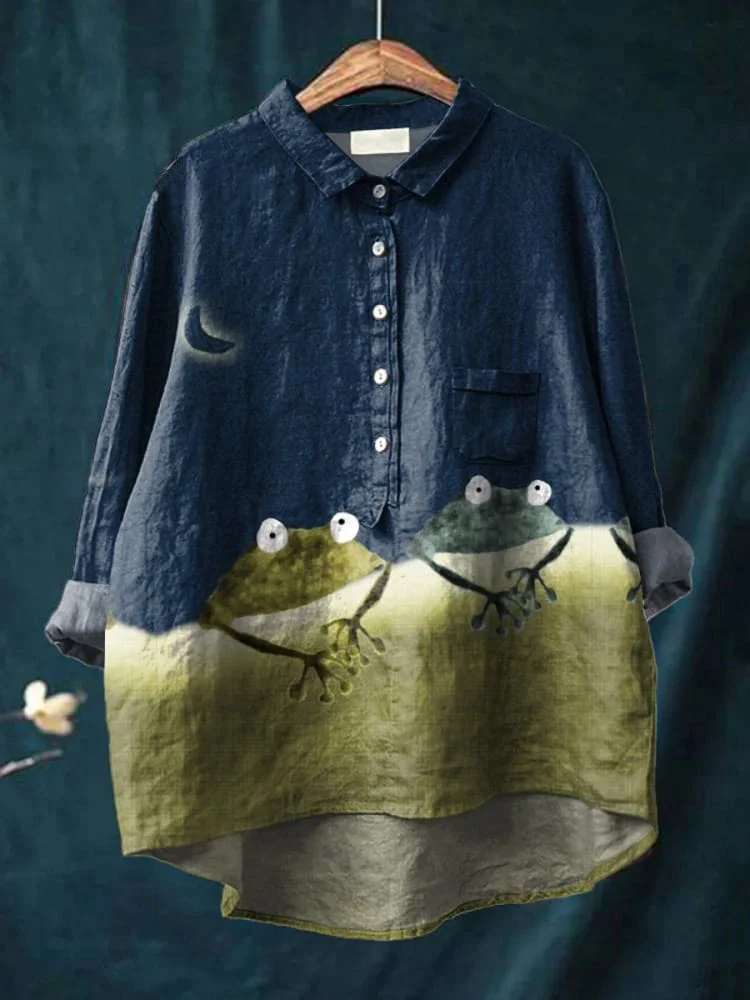 Women's Simple Frog Color Block Art Print Casual Cotton And Linen Shirt