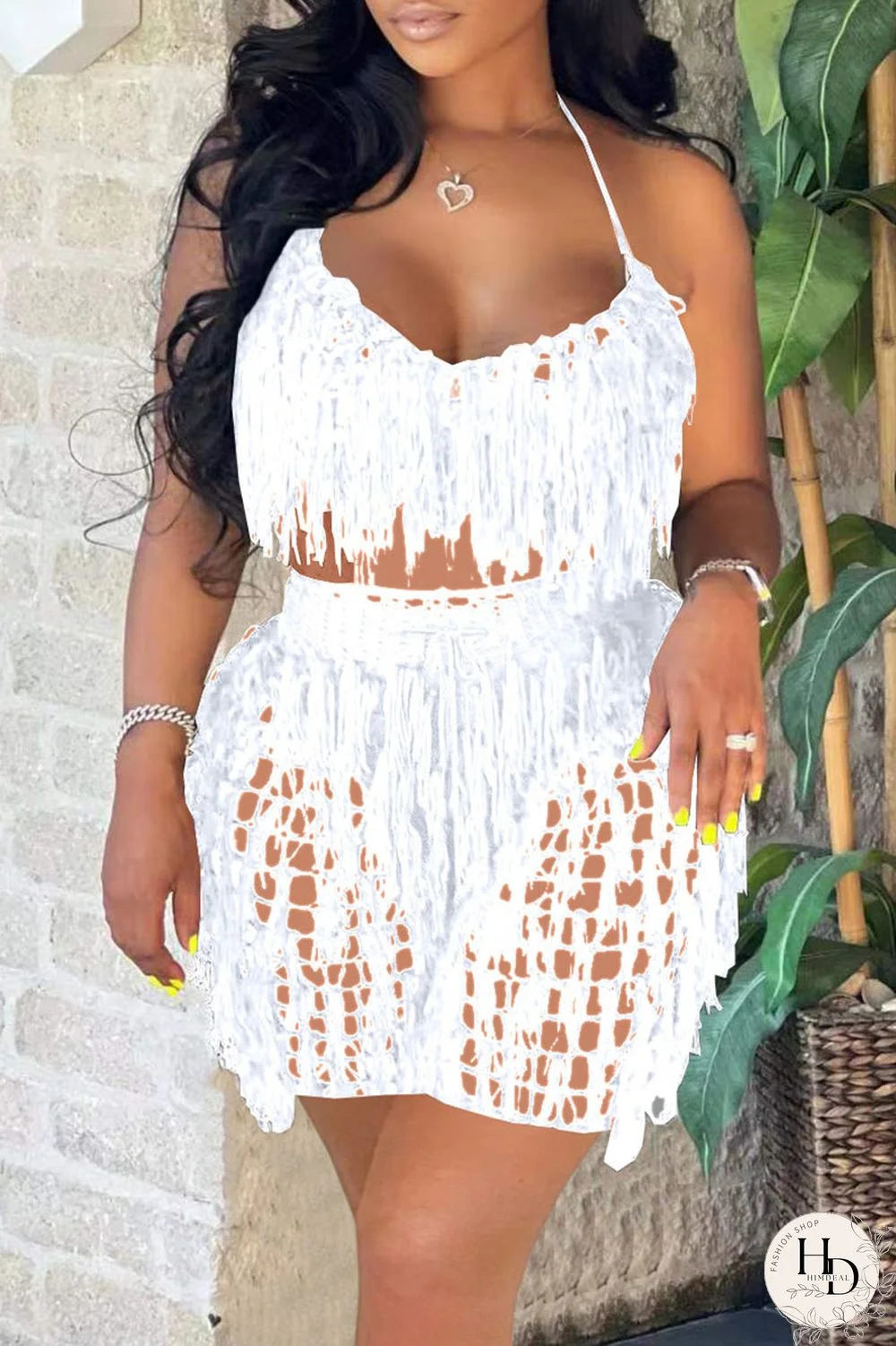 White Sexy Solid Tassel Hollowed Out Patchwork Halter Sleeveless Two Pieces