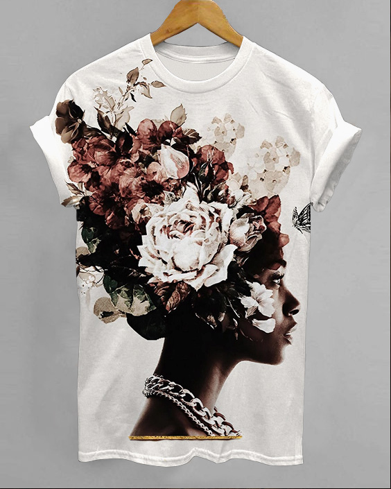 Side Face Flower Portrait Printed T-Shirt