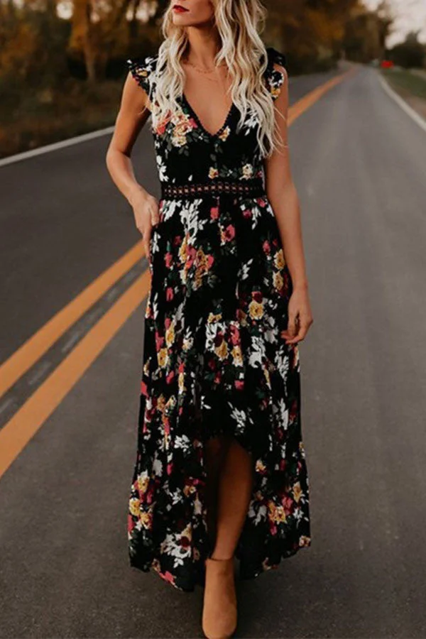 Backless Floral Print High Low Dress
