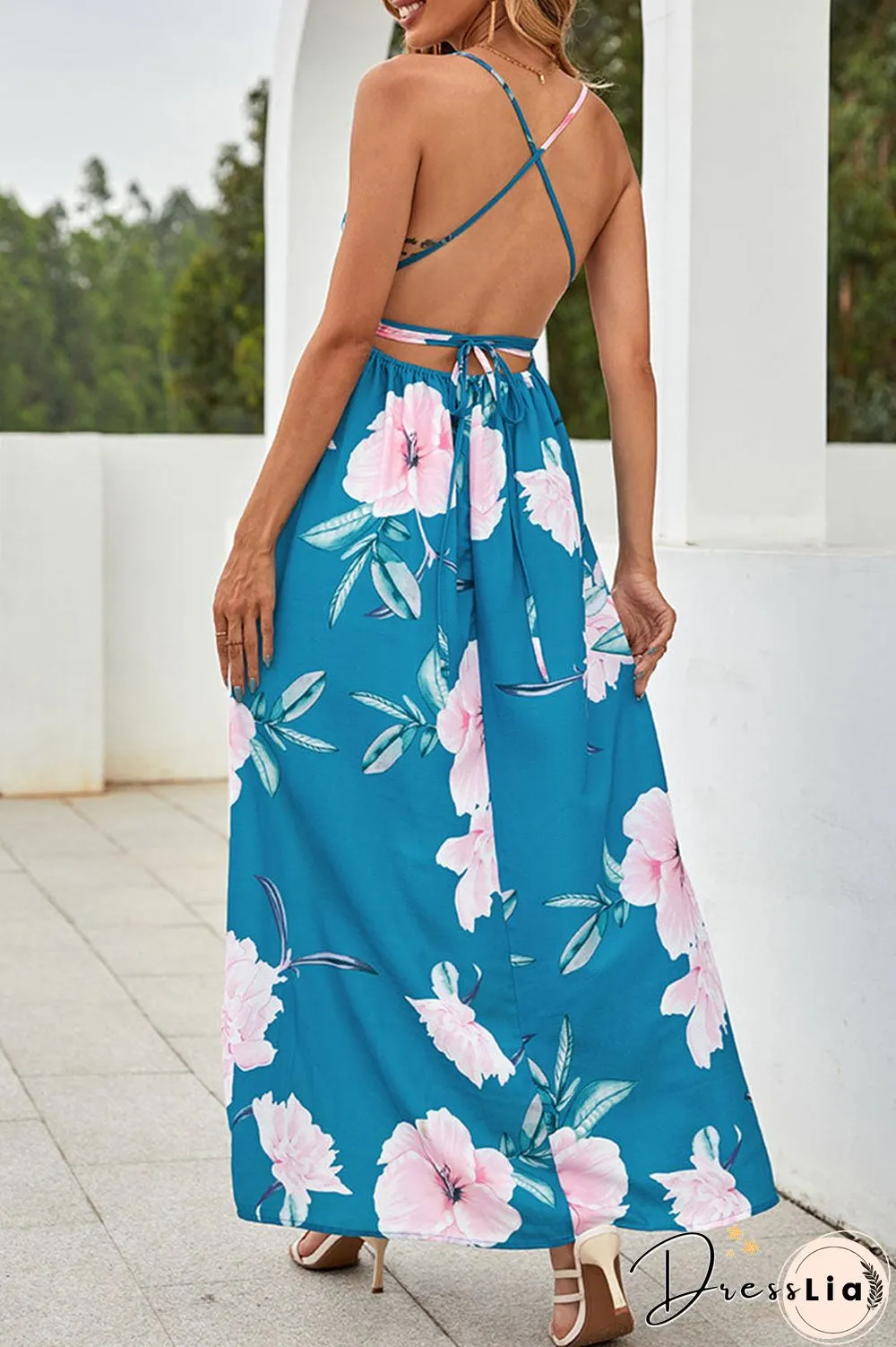 Fashion Street Print Backless V Neck A Line Dresses