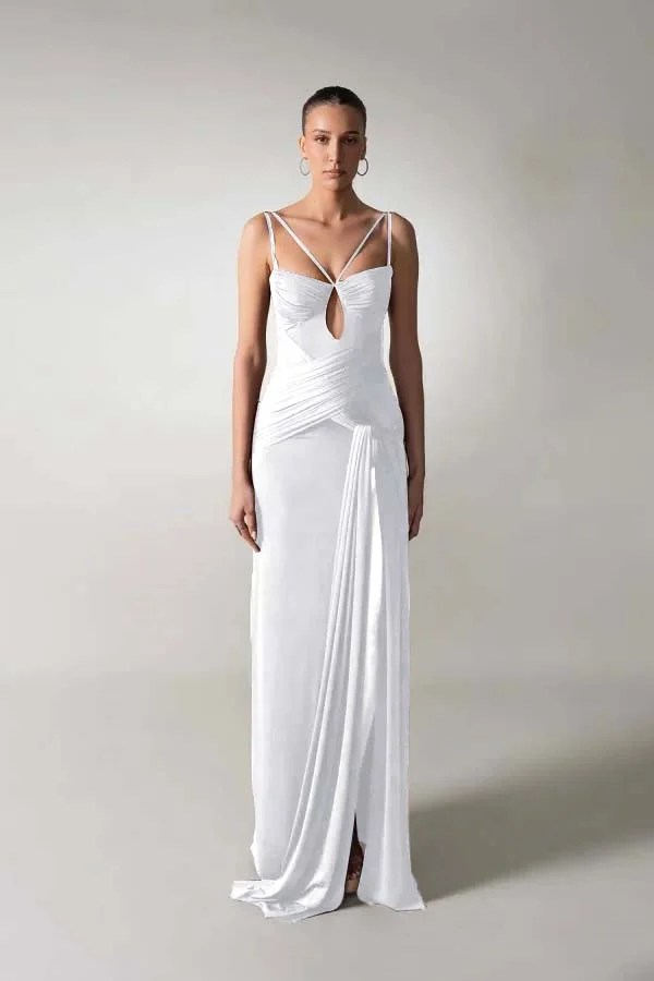 Chocolate Spaghetti-Straps Split Pleated Summer Prom Dress ZT0634