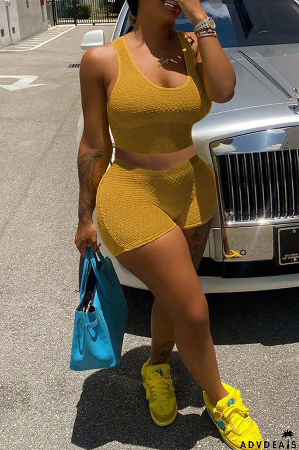 Yellow Fashion Casual Solid Basic U Neck Sleeveless Two Pieces