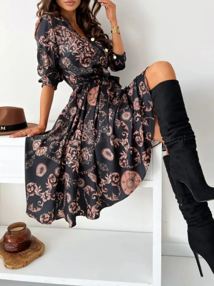 Printed Tie Waist Midi Dress